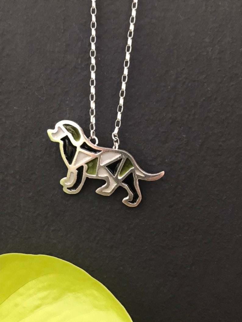 silver dog pendant, sterling silver vitreous enamel dog necklace, black gray green dog image 7