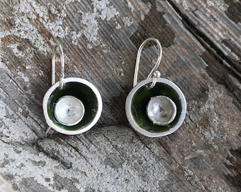 Geometric green enamel silver earrings, half sphere earrings, best gift for sister