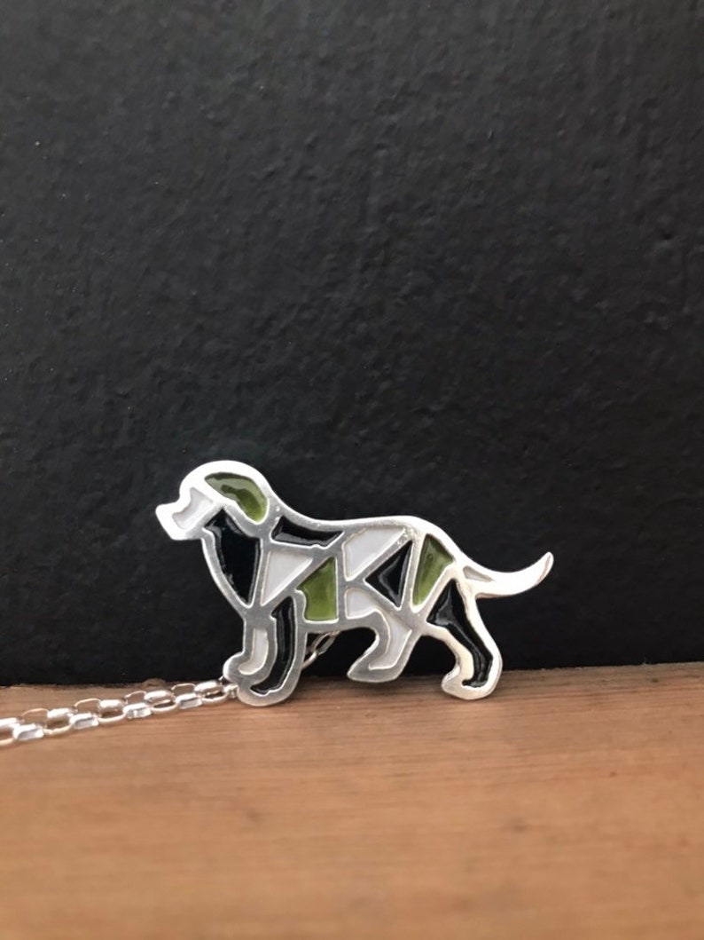 silver dog pendant, sterling silver vitreous enamel dog necklace, black gray green dog image 9