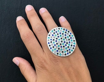 Gigantic colorful silver ring - Mandala silver ring -  Color ring blue black violet turquoise -  unique gift