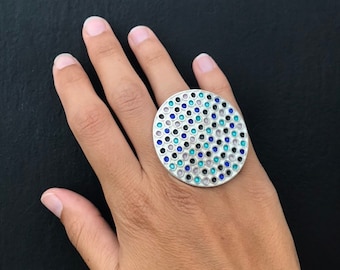 Gigantic colorful silver ring - Mandala silver ring -  Color ring blue black violet turquoise -  unique gift