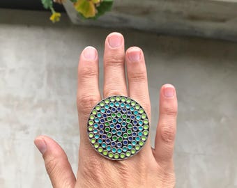 Huge circle sterling silver ring, Cloisonne multicolor enamel ring