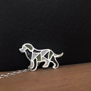 silver dog pendant, sterling silver vitreous enamel dog necklace, black gray green dog image 1