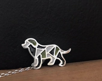 silver dog pendant, sterling silver vitreous enamel dog necklace, black gray green dog