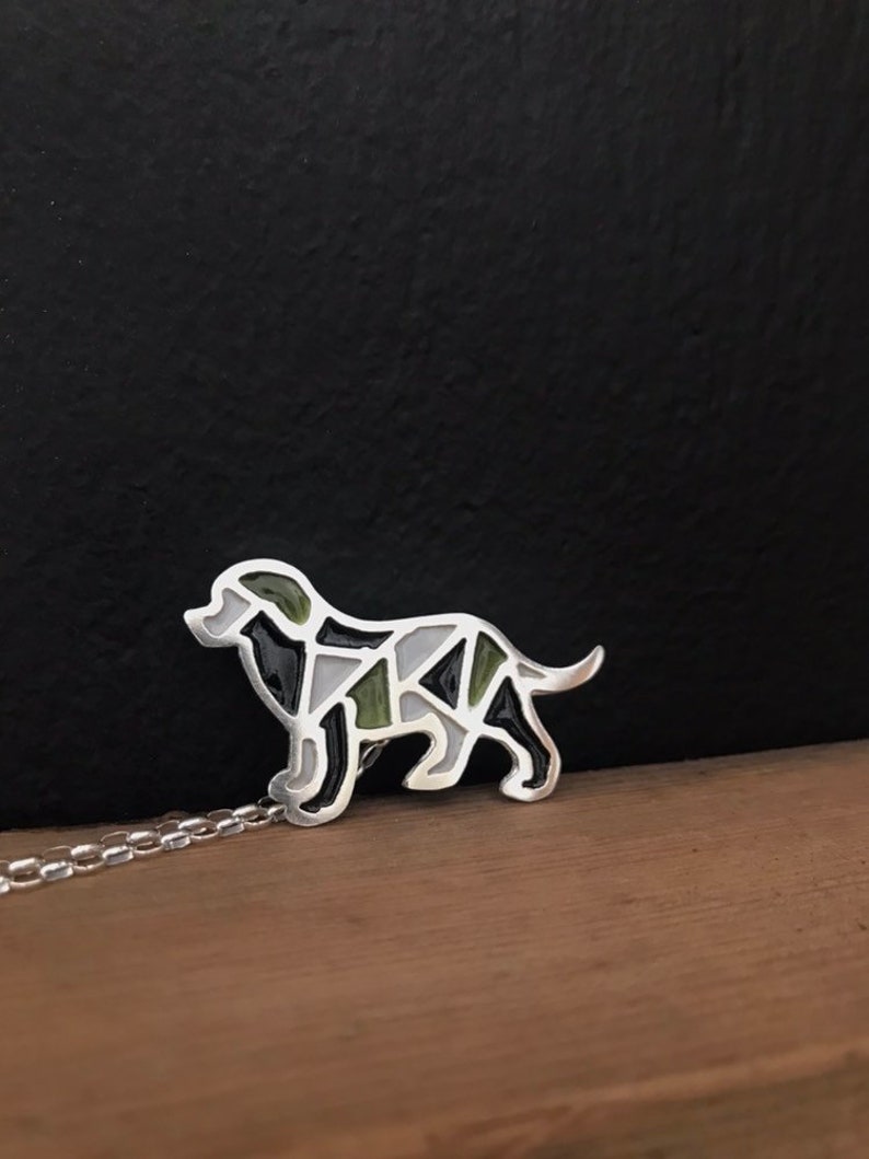 silver dog pendant, sterling silver vitreous enamel dog necklace, black gray green dog image 1