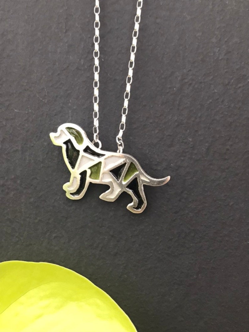 silver dog pendant, sterling silver vitreous enamel dog necklace, black gray green dog image 2
