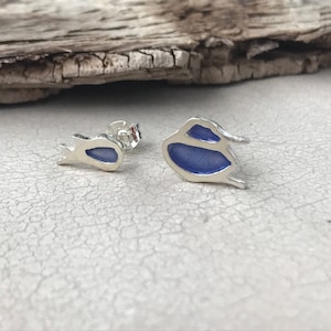 Tiny stud silver earrings, blue enameled silver earrings, everyday wear cool gift for sister