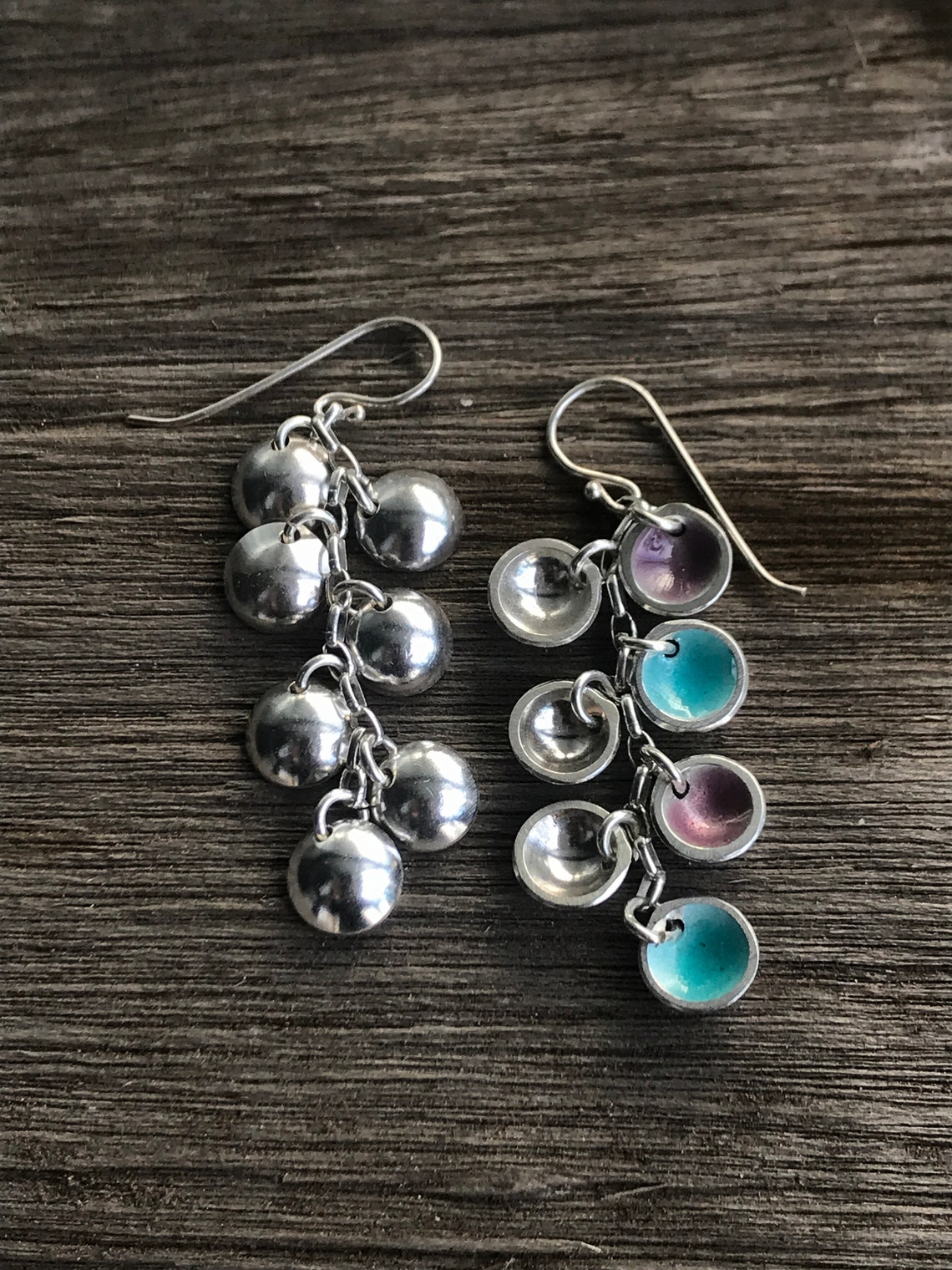 Long sphere earrings geometric lilas and sea enamel silver Etsy
