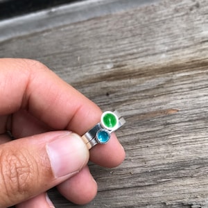 Enamel ring, Green and turquoise little stackable enamel silver ring, two silver ring size 6 3/4