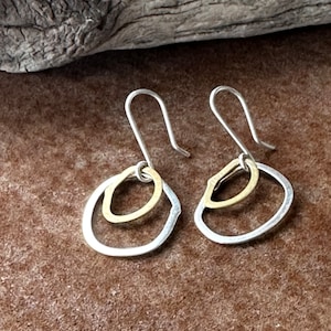 Two circles earrings, Golden plated bronze and silver earrings, one of a kind earrings