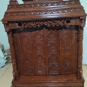 Tarriff free, Indian Wooden Pooja Mandir for Home | Temple with Drawers teak wood carving handmade Murti Idol Gumbad
