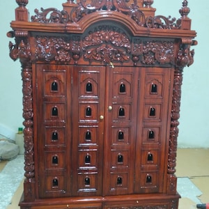 Wooden Hindu Temple with Doors & Drawers | Home Mandir Decor doors brass bells teak wood traditional carving South Indian design
