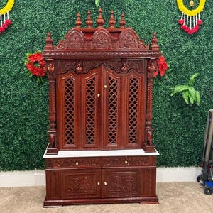 Tarriff free, wooden carving Pooja Mandir Wooden Temple with Storage doors drawer traditional teak Doors Gumbad idol