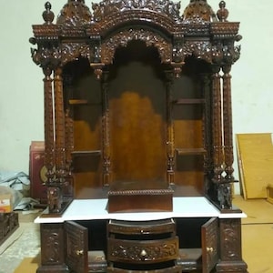 Tarriff free, South Indian Designer Wooden Temple with Storage Drawers  Gumbad shelf carving teak wood handmade traditional