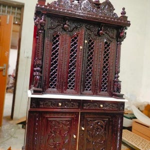Tarriff free, Handmade Indian Pooja Mandir Wooden Temple with Storage doors drawer traditional teak wood carving