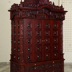 Temple with Doors & Drawers | Home Mandir Decor doors brass bells teak wood traditional carving South Indian design Wooden Hindu