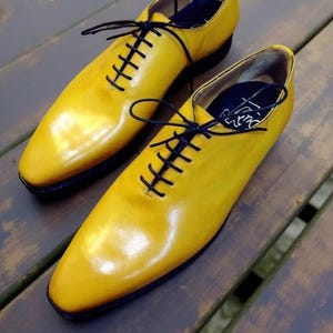 Handmade men yellow oxford dress shoes, wholecut dress leather shoes for mens
