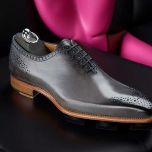 Handmade Mens Oxfords Brogue shoes, Gray leather dress shoes for Mens