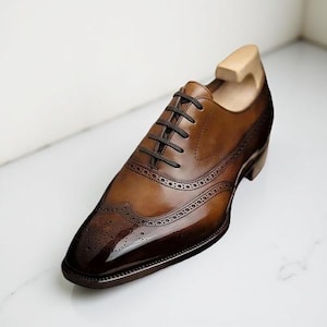 Custom Made Genuine Brown Leather Shoes, Wingtip Brogue Oxford Lace Up Men Shoe