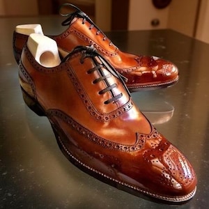 Men&#39;s Handmade Brown Leather Wingtip shoes Brogue Lace Up Formal Dress Shoes