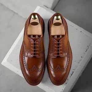 Men&#39;s Handmade Genuine Brown Leather Oxford Lace Up Wingtip Formal Dress Shoes