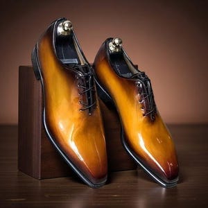 Custom Made Men&#39;s Tan Leather Black Shaded Oxford Lace up Wholecut Casual Shoes