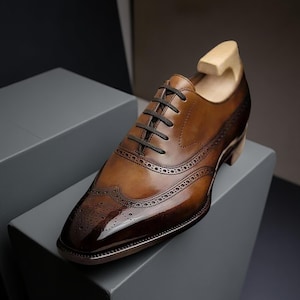 Men&#39;s Handmade Genuine Brown Leather Oxford Lace Up Wingtip Formal Dress Shoes