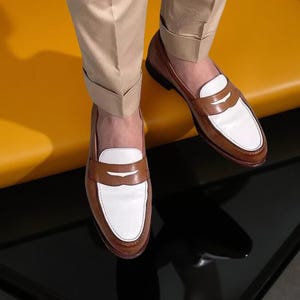 Handmade Two Tone Leather Moccasin Slip on Loafers Formal Dress Shoes For Men