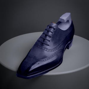 Men Handmade Genuine Leather Shoes Blue Oxford Lace-Up Wingtip Formal Dress Shoe