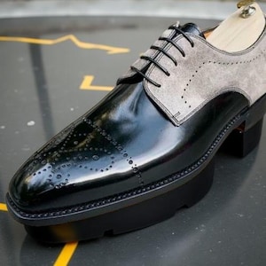Handmade Leather Shoe Black & Gray Craft Oxford Brogue Lace Up shoe for Men&#39;s