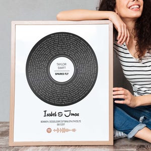Könnte beinhalten: Ein gerahmter Druck mit einem schwarzen kreisförmigen Design mit Songtexten und dem Text "Taylor Swift Sparks Fly". Der Druck enthält die Namen "Isabel & Jonas" und ein Datum. Der Rahmen ist hellbraun.