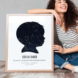 Può includere: Una stampa incorniciata con una silhouette nera del profilo di un bambino riempita con un design a notte stellata. La stampa include il nome "STEFAN BADER" e testo in tedesco. La cornice è di colore chiaro e lo sfondo è bianco.