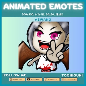 May include: Animated emotes graphic with the text "ANIMATED EMOTES" and size specifications. The graphic features a cartoon Aswang character with gray hair, pink eyes, and a peace sign. The image includes social media handles and the text "FOLLOW ME".