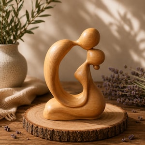 Puede incluir: Una escultura de madera de color marrón claro y superficie lisa que representa dos figuras abstractas en un abrazo. La pieza presenta líneas fluidas y curvas con un acabado pulido que resalta la veta natural de la madera en una forma continua.