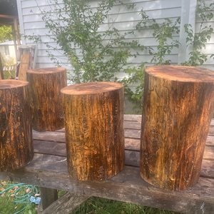Peut inclure: Trois tabourets cylindriques en bois avec une finition polie aux tons ambrés. Chaque tabouret présente un dessus plat et circulaire ainsi qu'un grain vertical révélant des textures d'écorce et des nœuds dans des tons bruns et dorés.