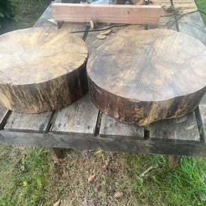 May include: Two circular wooden log slices with natural bark edges and visible wood grain patterns. The surfaces are flat and light brown in color, showing the raw texture of the wood. These pieces are cylindrical in shape and display organic markings.