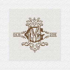 May include: A brown monogram with the letters "MG" in a decorative font, surrounded by ornate flourishes. The date "04.16.2016" is written below the monogram.