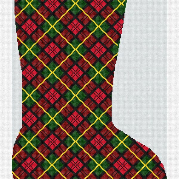 Kit fai da te per ricamare una calza natalizia a quadri scozzesi.