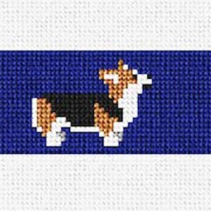 May include: Three cartoon images of corgis on a blue background. The corgis are white, brown, and black.