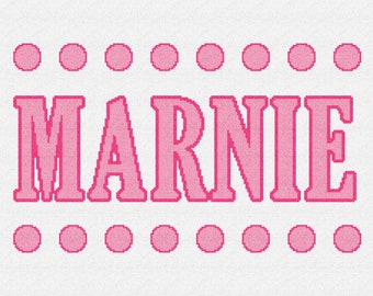 May include: Pink embroidered design of the name "MARNIE" with a row of pink circles above and below the name.
