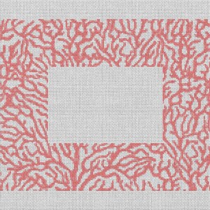 Puede incluir: Un lienzo cuadrado con un patr&oacute;n de arrecife de coral de color coral que enmarca un espacio rectangular blanco. El dise&ntilde;o de coral es intrincado y detallado, creando una apariencia texturizada sobre el fondo blanco.
