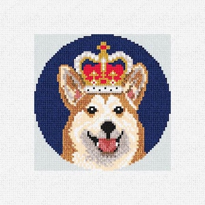 May include: A cute cartoon corgi wearing a gold crown with red and white accents on a blue background.