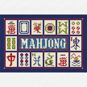 May include: A blue and white cross-stitch pattern with the word "Mahjong" in the center. The pattern features various Chinese characters and symbols, including flowers, dragons, and a boat.