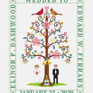 May include: A wedding announcement with a stylized tree with pink flowers and two cardinals. The text reads "WEDDED TO ELINOR P. DASHWOOD EDWARD W. FERRARS JANUARY 23, 2020".