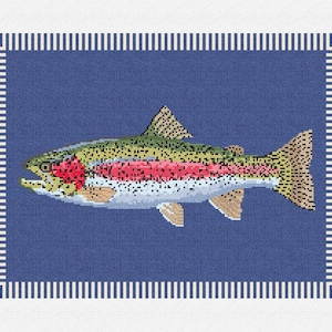 Puede incluir: Ilustración de una trucha arcoíris colorida sobre fondo azul, enmarcada con un borde a rayas blanco y azul. El pez presenta tonos rojos, amarillos, verdes y blancos, con un diseño detallado y pixelado. Ideal para la decoración del hogar.