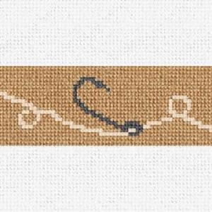 May include: A rectangular, cross-stitched design featuring a tan background with a repeating pattern of dark gray fishing hooks and cream-colored wavy lines. The design is centered on a white background.