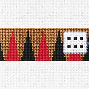 May include: A brown and black needlepoint design featuring a row of red and black triangles with two white dice in the center.