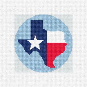 May include: A blue and red outline of the state of Texas with a white star in the center, on a light blue background.