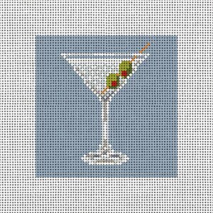 May include: A martini glass with a green olive on a toothpick, on a blue background.