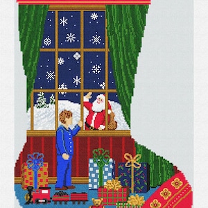 May include: A Christmas stocking with a festive scene. A boy in blue pajamas waves at Santa Claus, who is at a window with a snowy landscape. The stocking is decorated with gifts, a toy train, and the name "GABE".